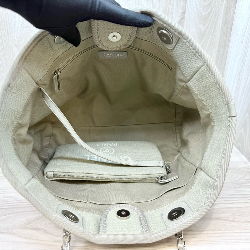 CHANEL牛仔灰帆布銀鏈小號沙灘包A67001-7