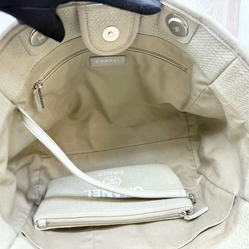 CHANEL牛仔灰帆布銀鏈小號沙灘包A67001-9