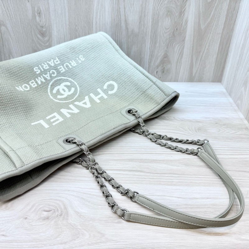 CHANEL牛仔灰帆布銀鏈小號沙灘包A67001-12