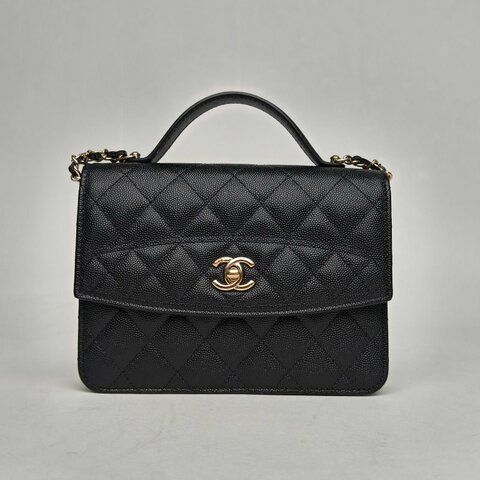 CHANEL 25C風琴雙肩包黑色荔枝牛皮鐳射標淺金扣菱格紋雙皮穿鏈肩帶字母LOGO皮手柄肩背包