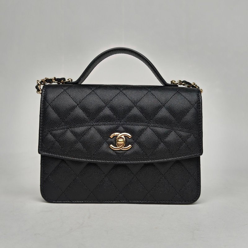 CHANEL 25C風琴雙肩包黑色荔枝牛皮鐳射標淺金扣菱格紋雙皮穿鏈肩帶字母LOGO皮手柄肩背包-0