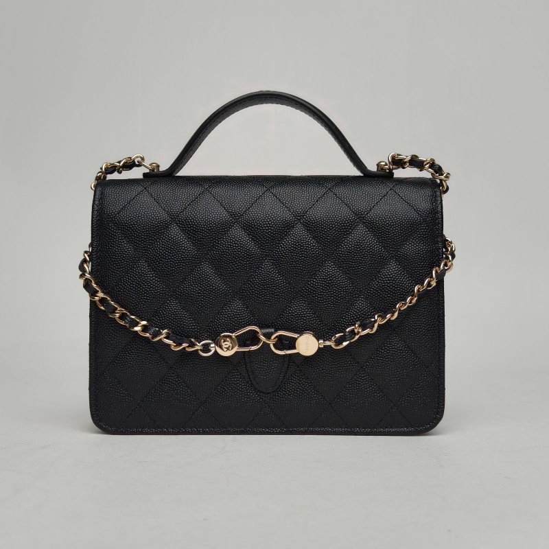 CHANEL 25C風琴雙肩包黑色荔枝牛皮鐳射標淺金扣菱格紋雙皮穿鏈肩帶字母LOGO皮手柄肩背包-2