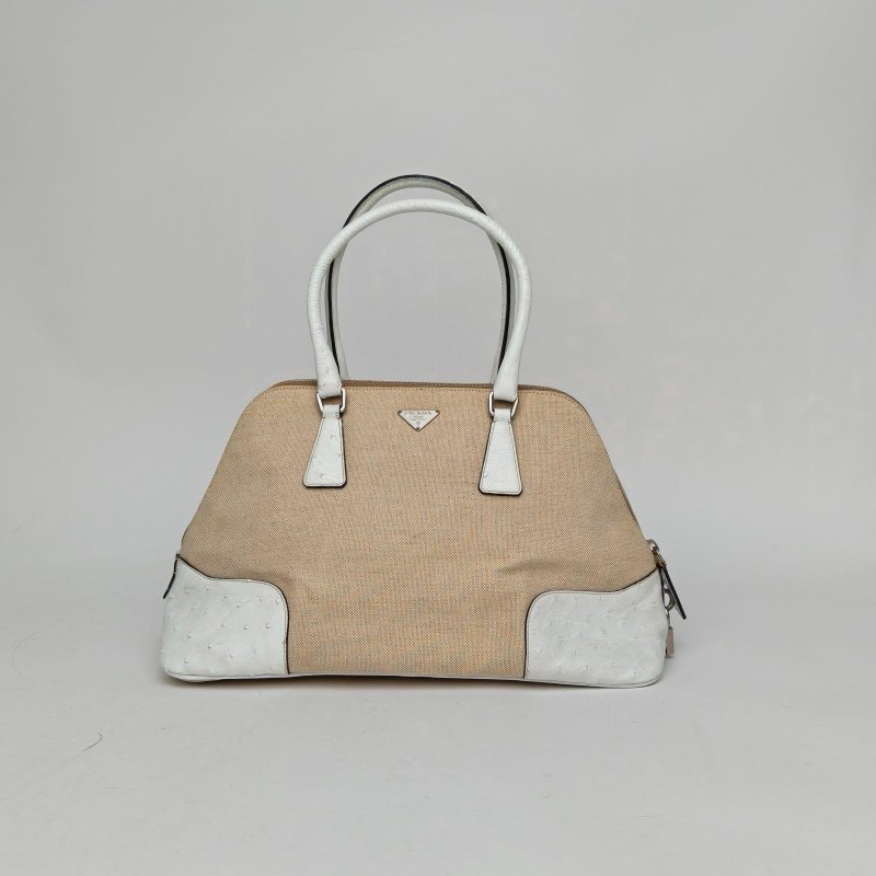 PRADA 米色鴕鳥皮帆布銀扣單肩包//肩背包-0