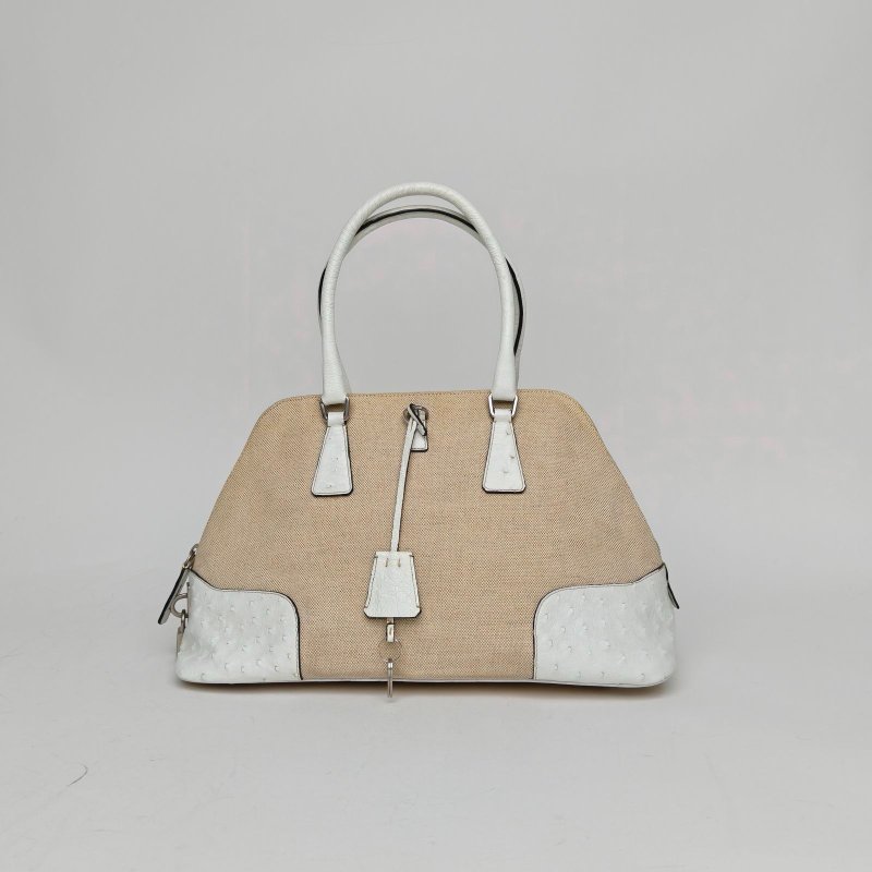 PRADA 米色鴕鳥皮帆布銀扣單肩包//肩背包-2