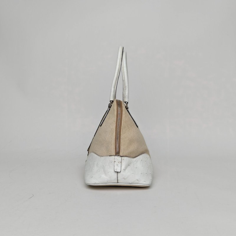 PRADA 米色鴕鳥皮帆布銀扣單肩包//肩背包-3