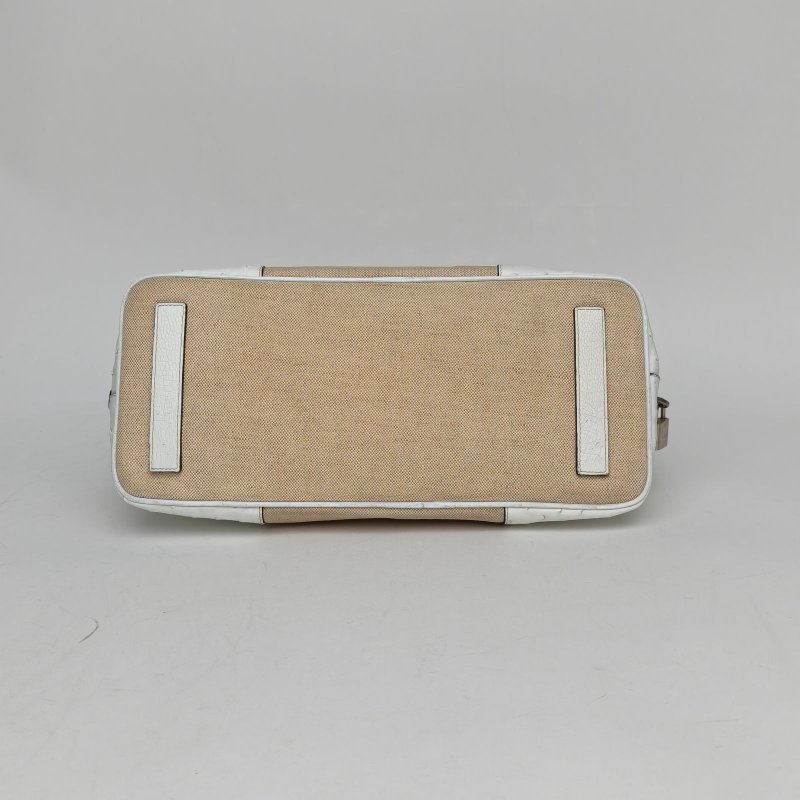 PRADA 米色鴕鳥皮帆布銀扣單肩包//肩背包-4