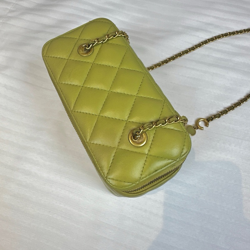 香奈兒/Chanel 淺綠羊皮手提單肩盒子斜挎化妝包帶鏡子17×8×9.5cm-2