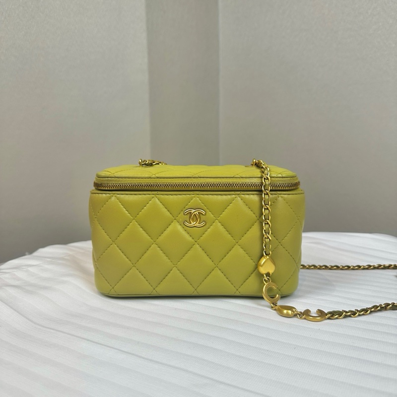香奈兒/Chanel 淺綠羊皮手提單肩盒子斜挎化妝包帶鏡子17×8×9.5cm-9