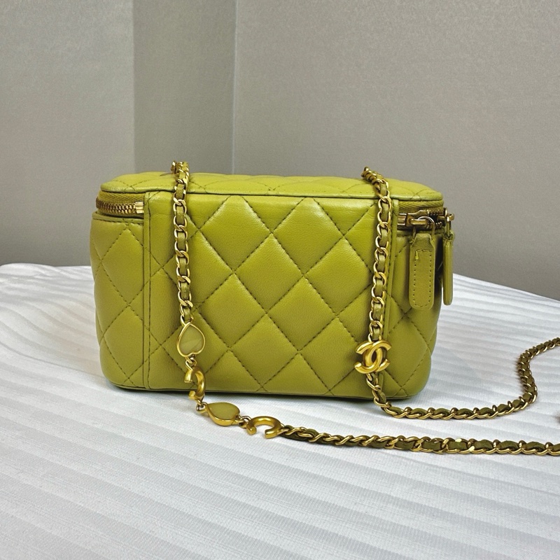 香奈兒/Chanel 淺綠羊皮手提單肩盒子斜挎化妝包帶鏡子17×8×9.5cm-10