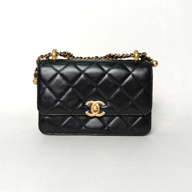 CHANEL 21ACF口蓋包19黑色牛皮晶片開金扣雙金珠皮穿鏈肩背包-0