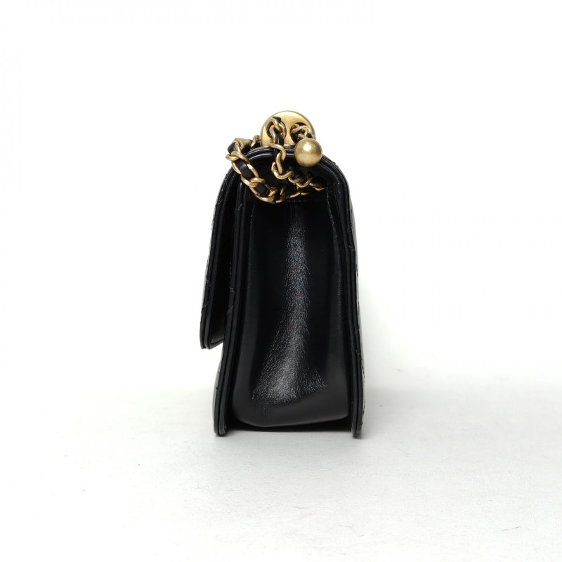 CHANEL 21ACF口蓋包19黑色牛皮晶片開金扣雙金珠皮穿鏈肩背包-3