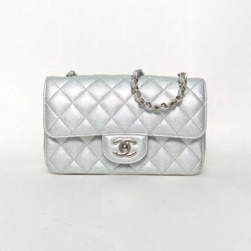 CHANEL CF口蓋包大Mini20銀色羊皮31開銀扣肩背包-0