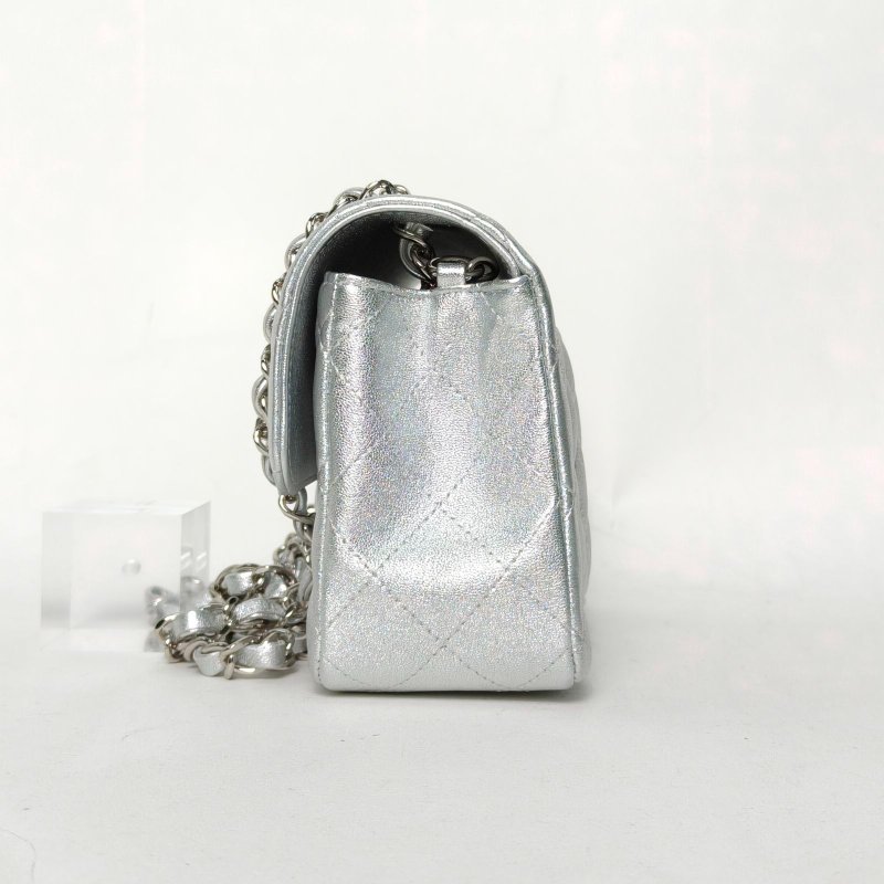 CHANEL CF口蓋包大Mini20銀色羊皮31開銀扣肩背包-3