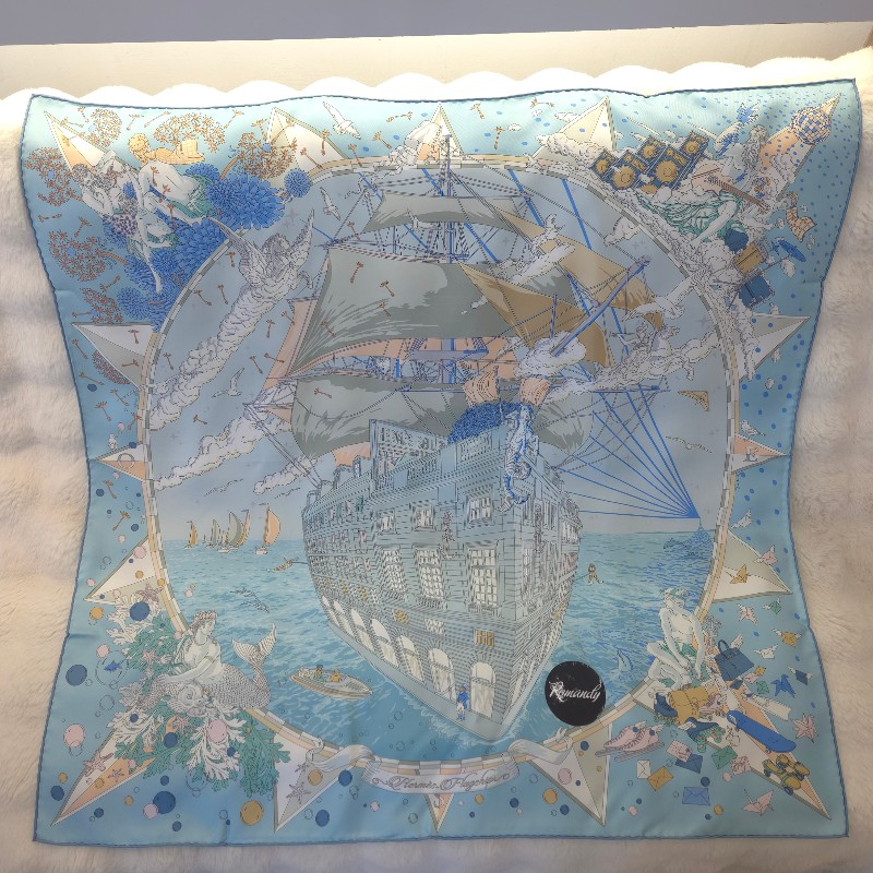 Hermès 福寶郵輪 大方巾 90 淺藍-1