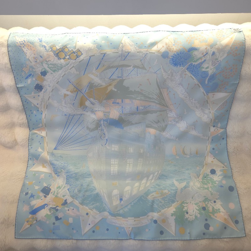 Hermès 福寶郵輪 大方巾 90 淺藍-2