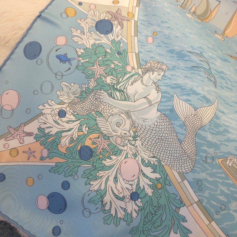 Hermès 福寶郵輪 大方巾 90 淺藍-4