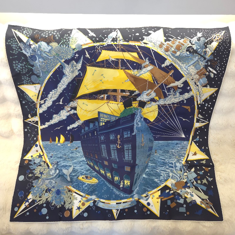 Hermès 福寶郵輪 大方巾 90 深藍-1