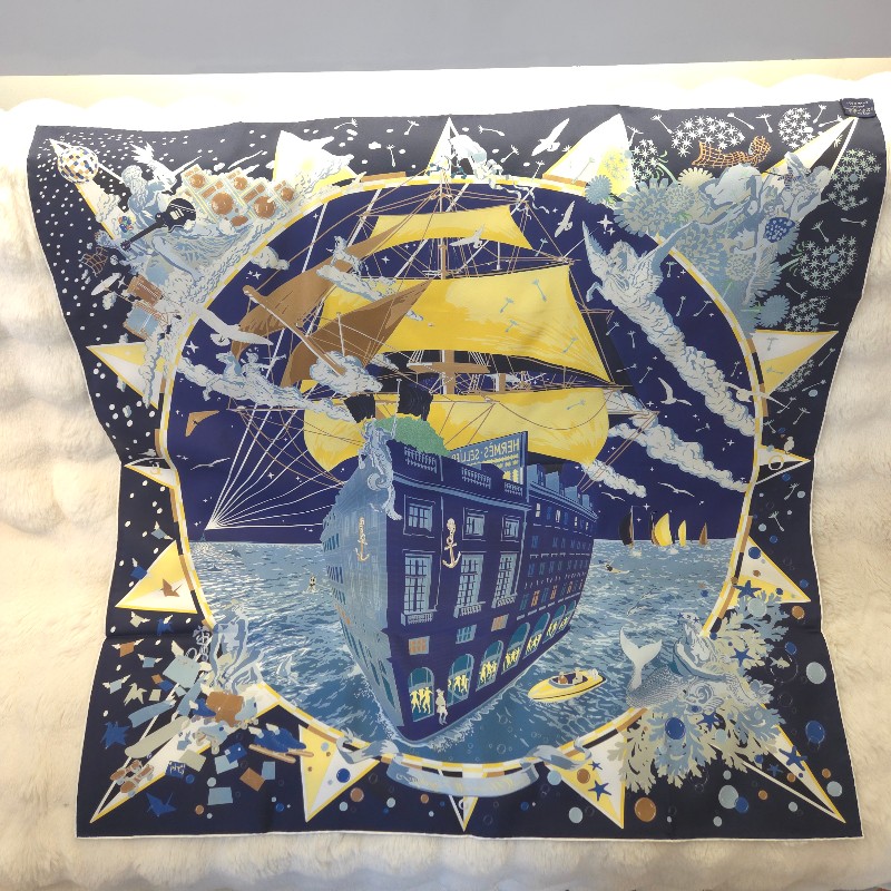 Hermès 福寶郵輪 大方巾 90 深藍-2