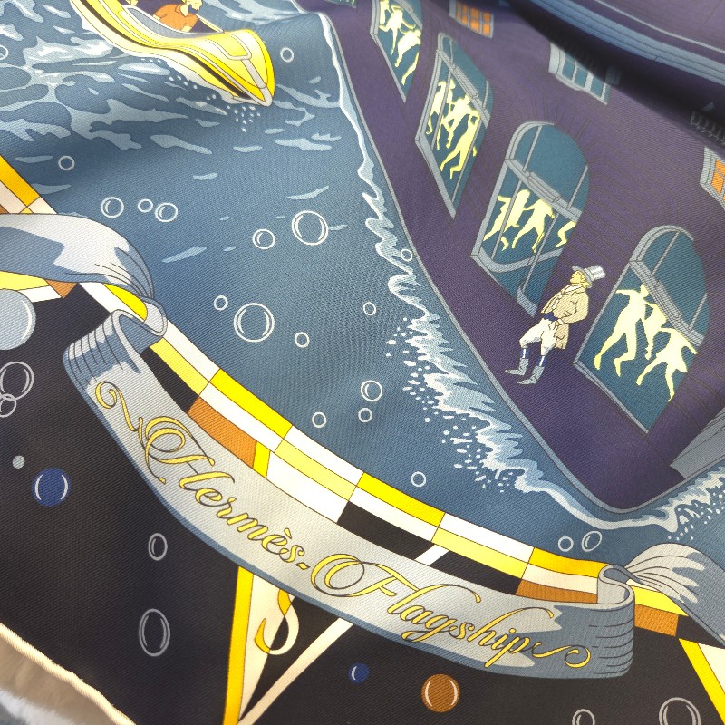 Hermès 福寶郵輪 大方巾 90 深藍-3