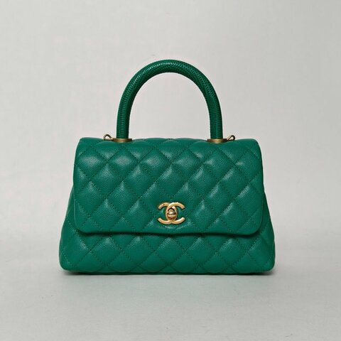 CHANEL CocoHandle小號24綠色荔枝牛皮28開金扣肩背包