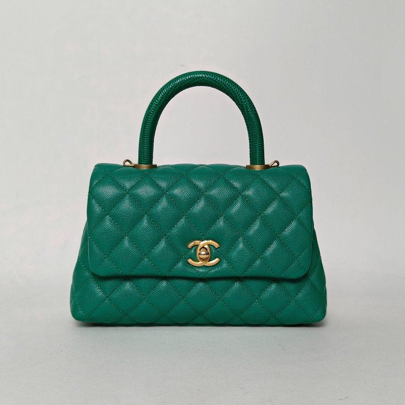 CHANEL CocoHandle小號24綠色荔枝牛皮28開金扣肩背包-0