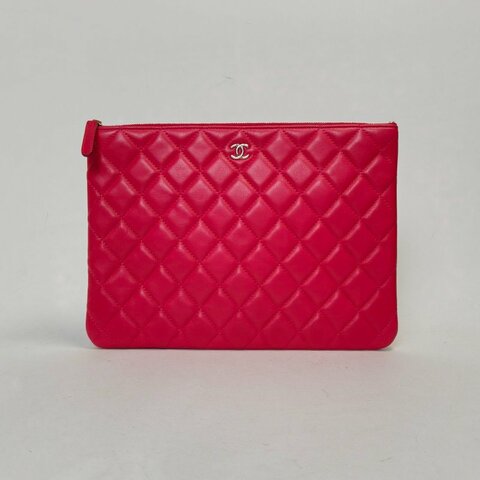 CHANEL CF手拿包小號28桃紅色羊皮22開淺金扣肩背包