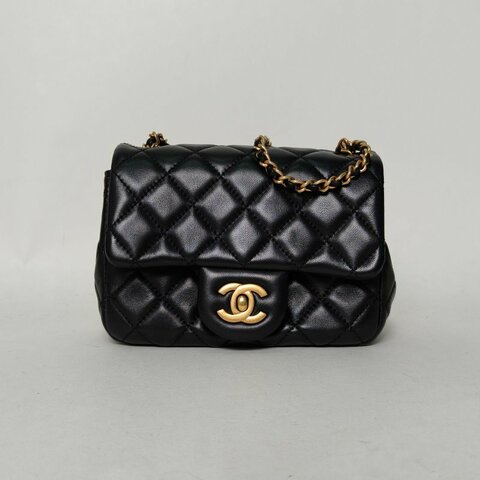 CHANEL CF口蓋包方胖子17黑色羊皮29開金扣金球調節扣肩帶肩背包