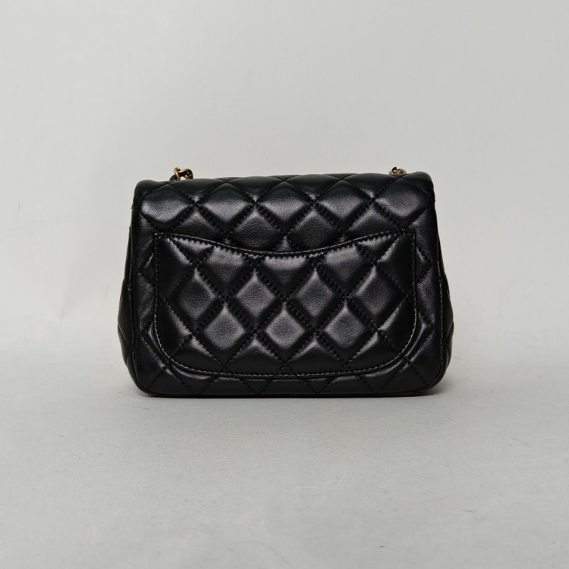 CHANEL CF口蓋包方胖子17黑色羊皮29開金扣金球調節扣肩帶肩背包-2
