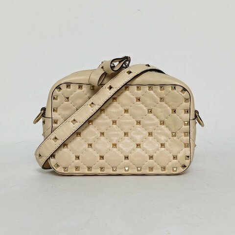 VALENTINO 米色羊皮鉚釘相機包單肩斜跨包肩背包