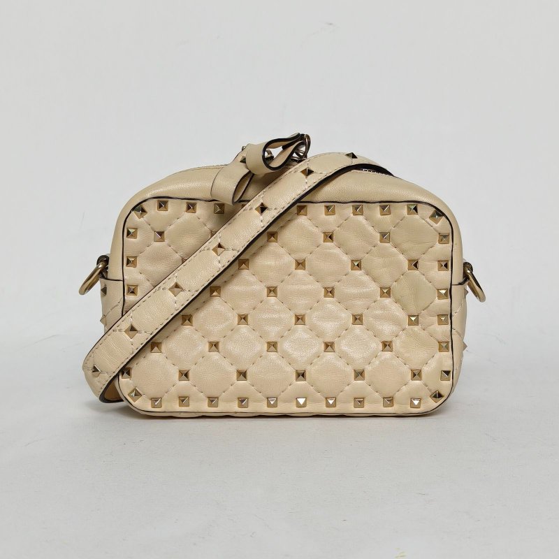 VALENTINO 米色羊皮鉚釘相機包單肩斜跨包肩背包-0