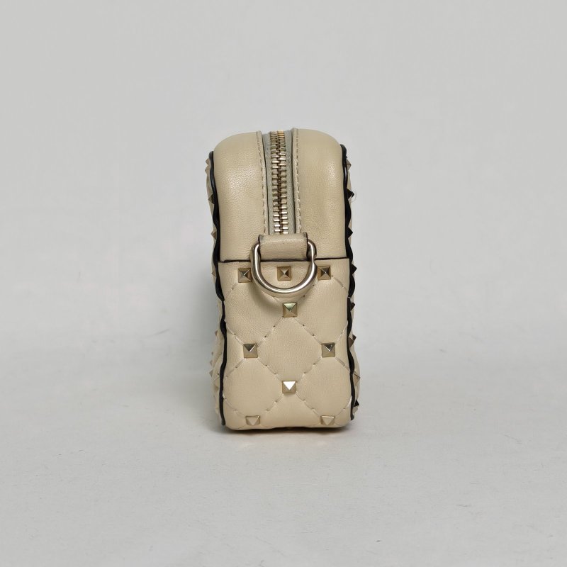 VALENTINO 米色羊皮鉚釘相機包單肩斜跨包肩背包-1