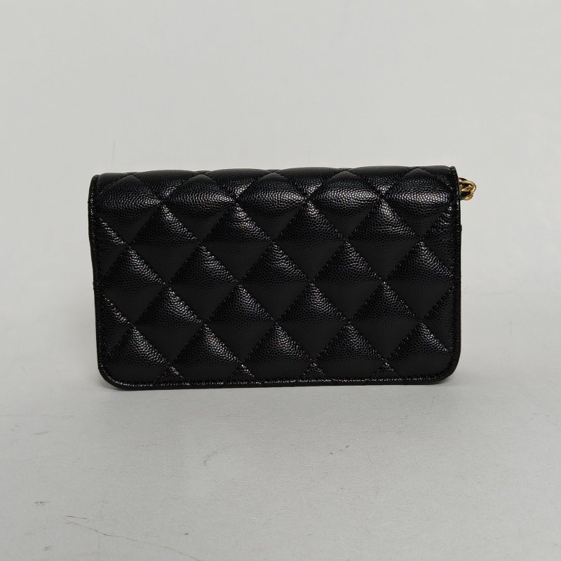 CHANEL 黑色荔枝牛皮鐳射標金扣24CCF口蓋包WOC17旱冰鞋徽章皮穿鏈肩背包-2