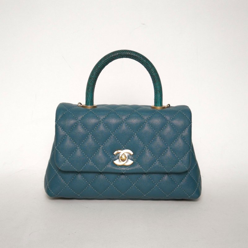 CHANEL CocoHandle小號24綠色荔枝牛皮26開金扣蜥蜴皮手柄肩背包-0