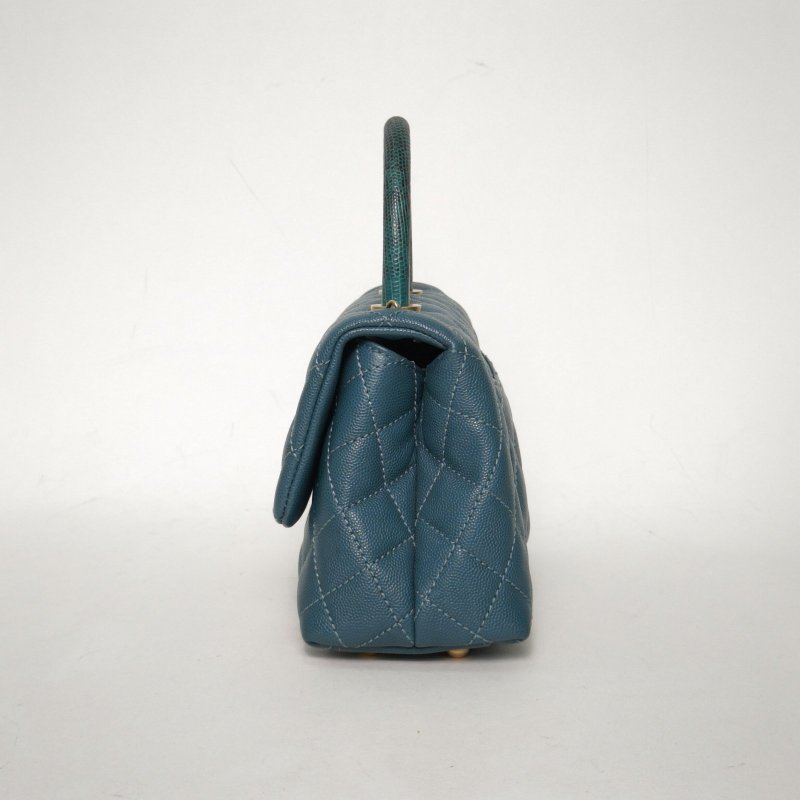 CHANEL CocoHandle小號24綠色荔枝牛皮26開金扣蜥蜴皮手柄肩背包-1