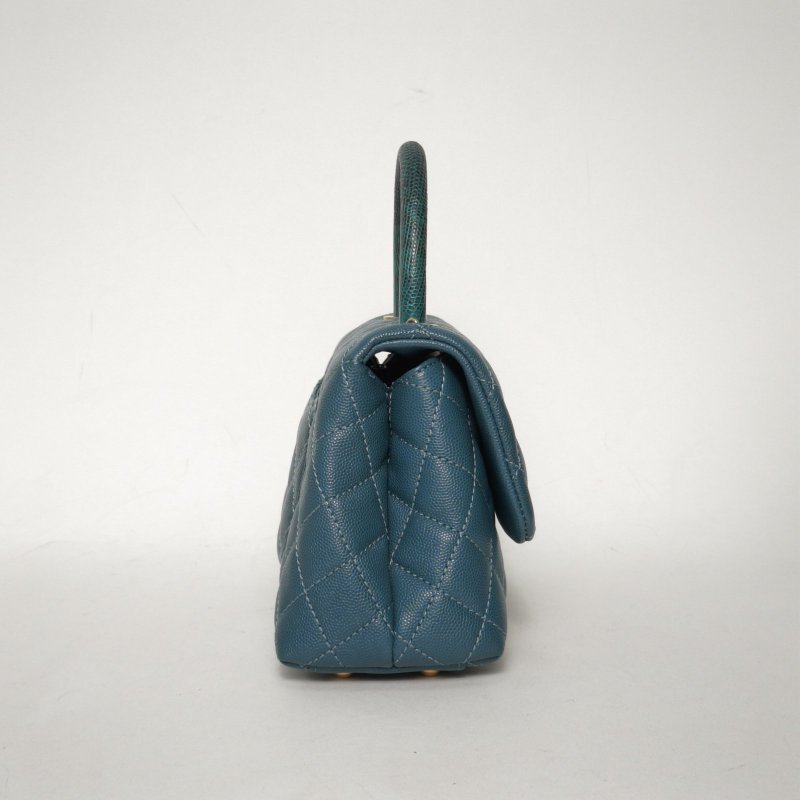 CHANEL CocoHandle小號24綠色荔枝牛皮26開金扣蜥蜴皮手柄肩背包-3