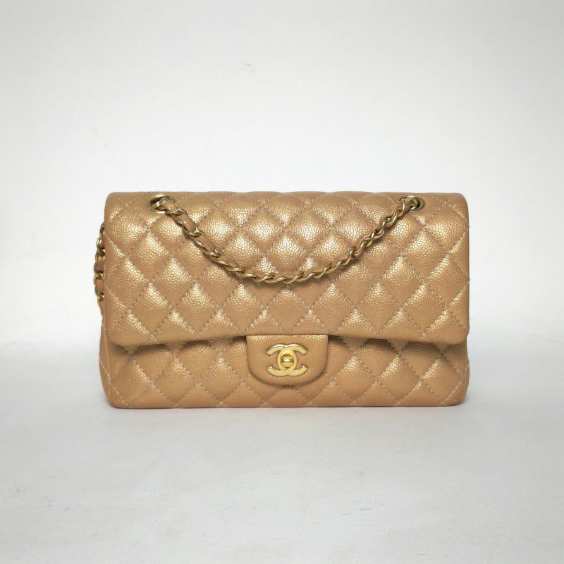 CHANEL CF口蓋包中號25.5金色荔枝牛皮20開金扣肩背包-0