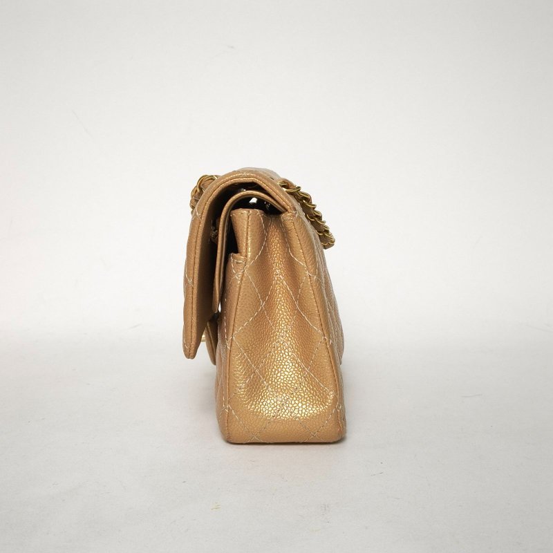 CHANEL CF口蓋包中號25.5金色荔枝牛皮20開金扣肩背包-1