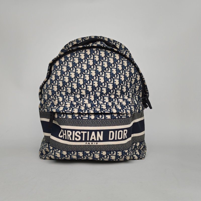 DIOR Diortravel雙肩包大號35藍色帆布黑扣2022Oblique印花字母刺繡肩背包-0