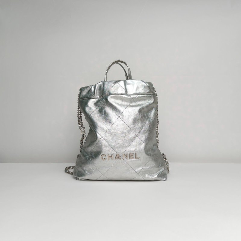 CHANEL 22Bag帶手柄雙肩包小號29銀色牛皮晶片開銀扣肩背包-0