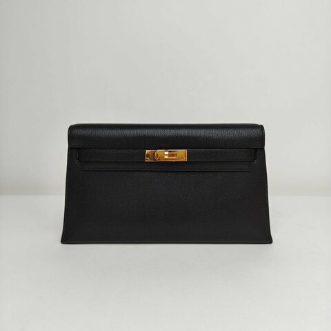 HERMES KellyElan89黑色Chevre山羊皮W刻金扣肩背包