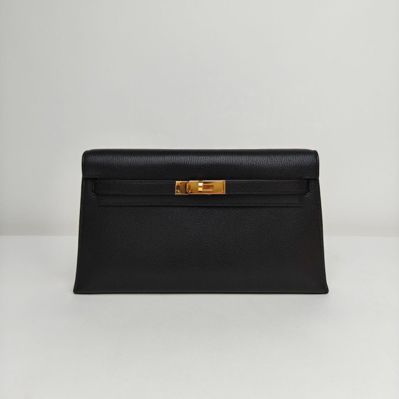HERMES KellyElan89黑色Chevre山羊皮W刻金扣肩背包-0