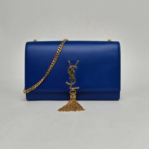 SAINT LAURENT KATE中號24光面流蘇藍色牛皮金扣肩背包
