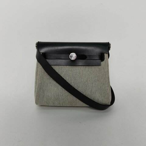 HERMES HerbagZip20帆布拼牛皮89黑色帆布/Hunter牛皮K2025銀扣肩背包