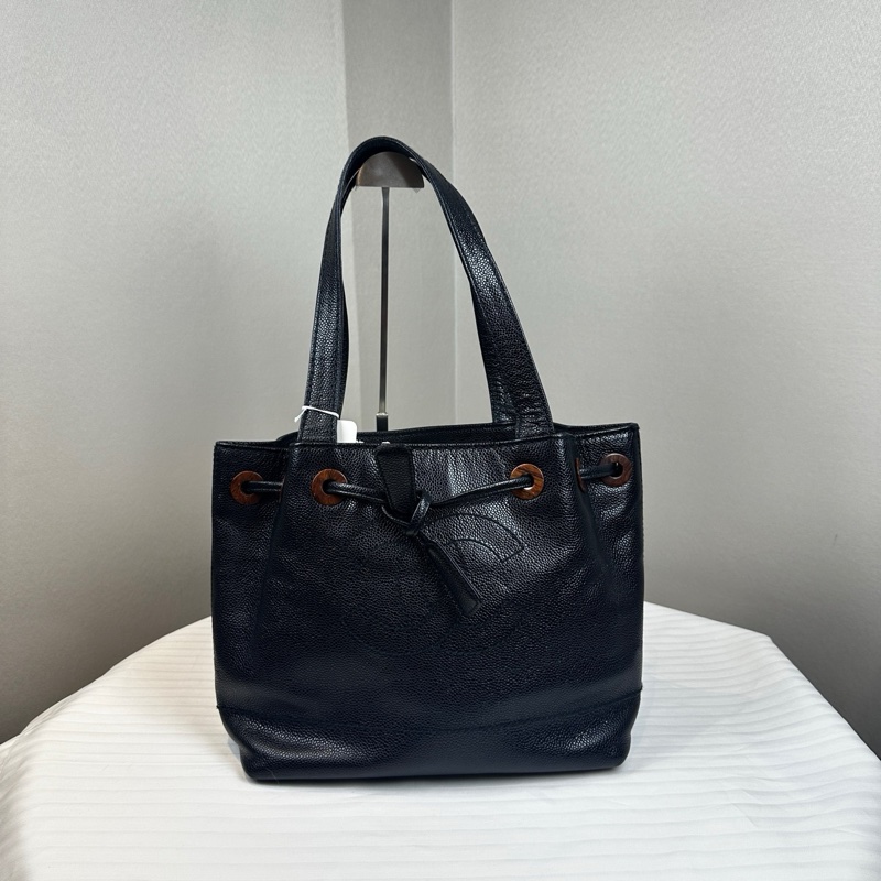 香奈兒/Chanel vintage 抽繩款黑荔枝紋牛皮單肩托特包29x14x24cm-0