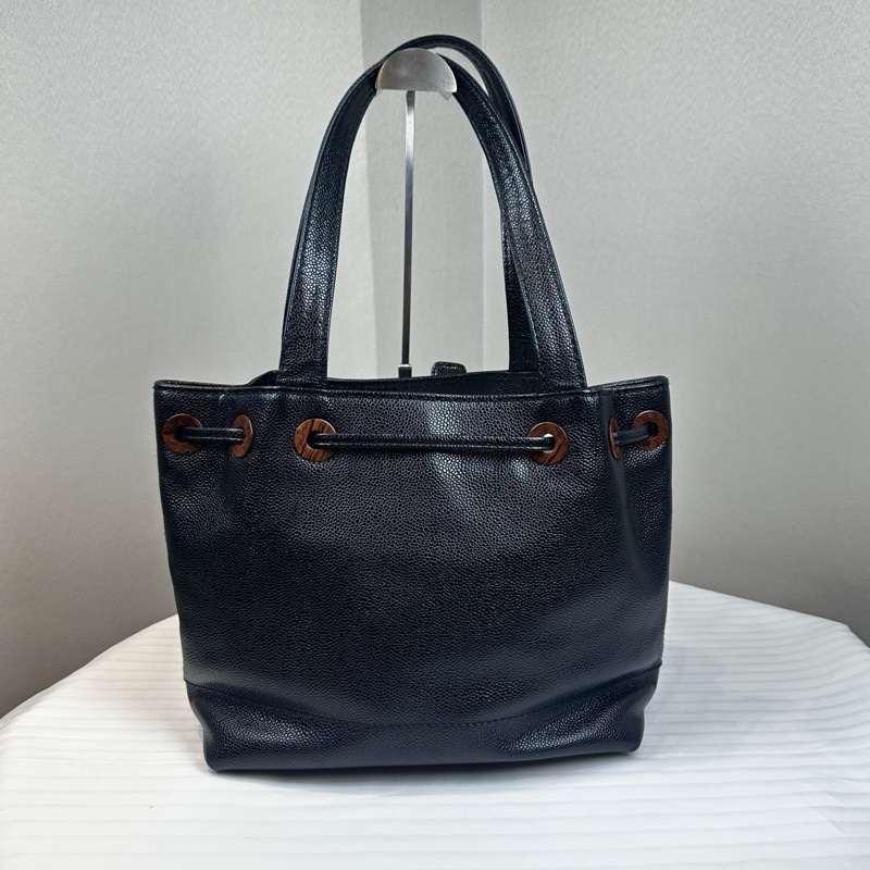 香奈兒/Chanel vintage 抽繩款黑荔枝紋牛皮單肩托特包29x14x24cm-1