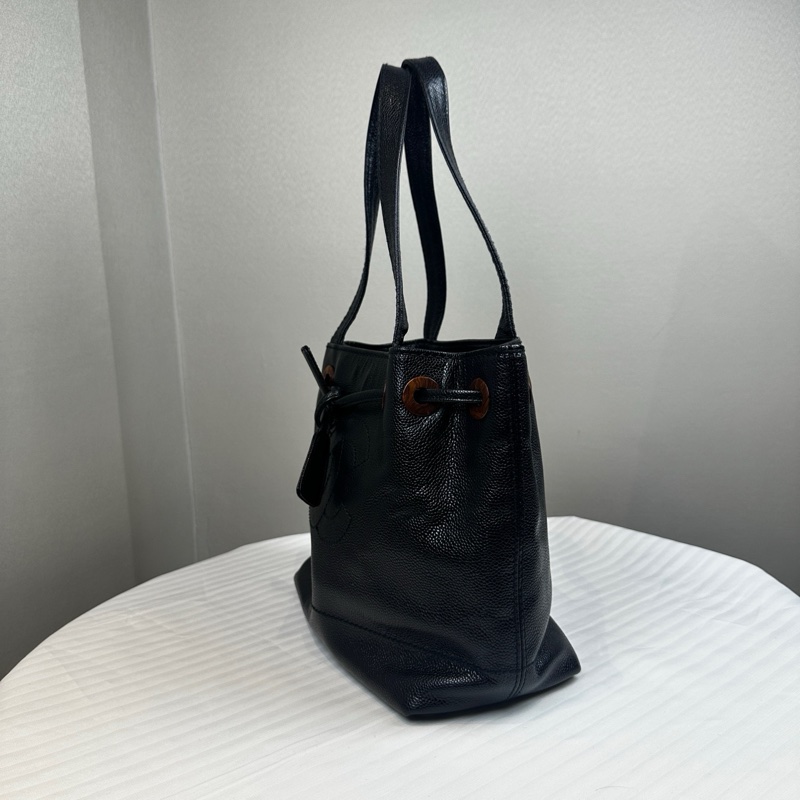 香奈兒/Chanel vintage 抽繩款黑荔枝紋牛皮單肩托特包29x14x24cm-4