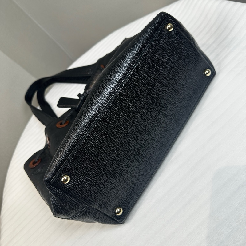 香奈兒/Chanel vintage 抽繩款黑荔枝紋牛皮單肩托特包29x14x24cm-6