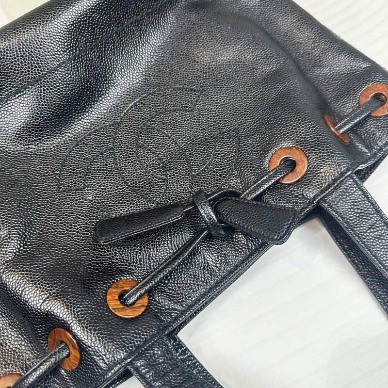 香奈兒/Chanel vintage 抽繩款黑荔枝紋牛皮單肩托特包29x14x24cm-14