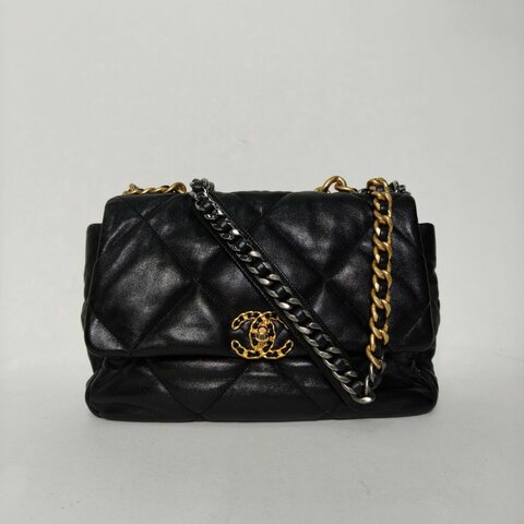 CHANEL 19BAG口蓋包中號30黑色羊皮29開金銀扣肩背包