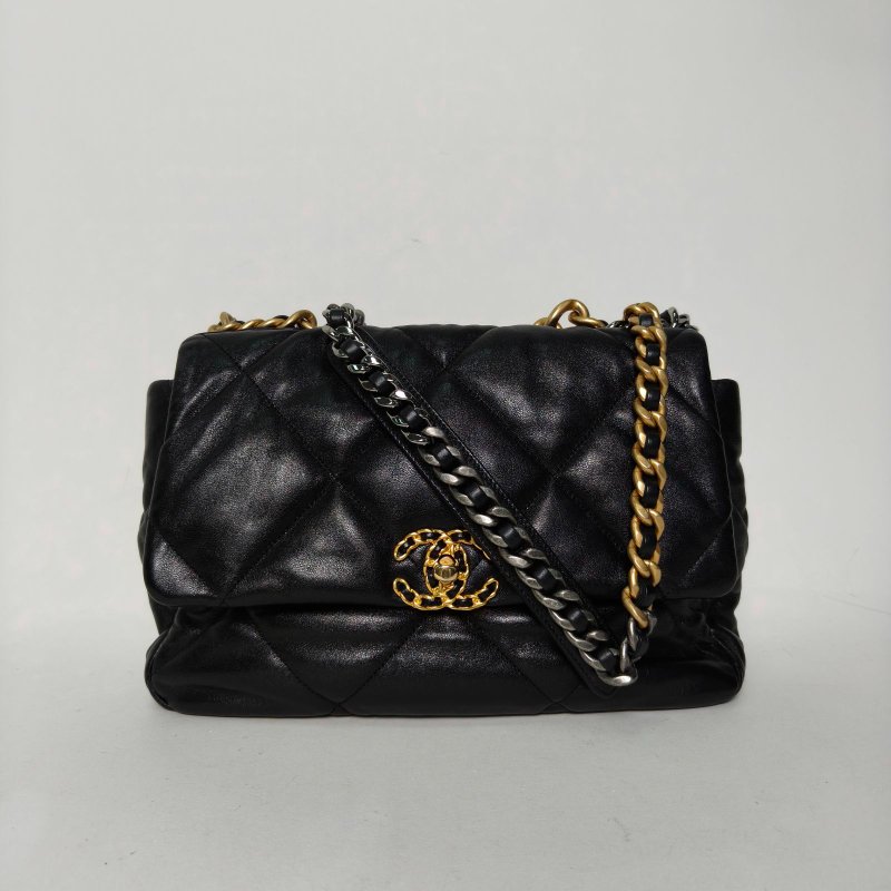 CHANEL 19BAG口蓋包中號30黑色羊皮29開金銀扣肩背包-0